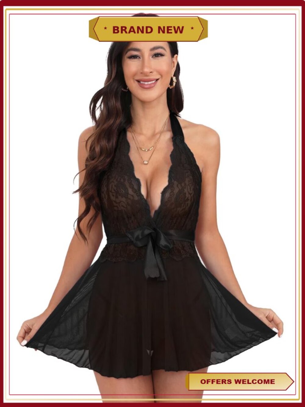 Sexy Lace Halter V-Neck Babydoll Lingerie for Women